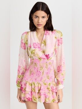 ROCOCO SAND Ren Short Pink Floral Ruffled Mini Dress (B)